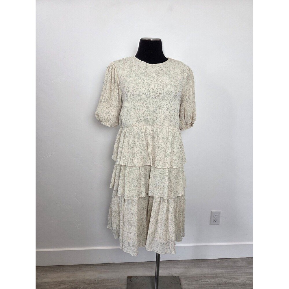 Leia & Co Tiered Midi Dress Ruffle Elbow Puff Sleeve Cream Polka Dot Tea Party S